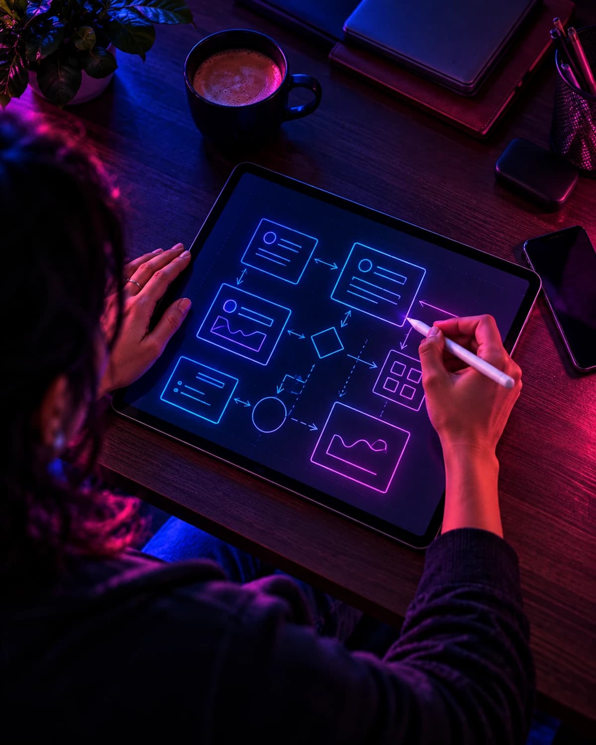 A candidate sketching a system design on a tablet